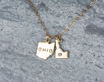 Multiple States Necklace, Friendship Jewelry, 2 States on 1 Chain Friendship Necklace in Rose, Gold or Silver, Moving Away Necklace