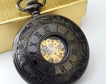Black Pocket Watch with Matching Chain Groomsmen Gift Wedding Set Pocket Watches Personalised Engraved Godfather Fathers Day Godfather