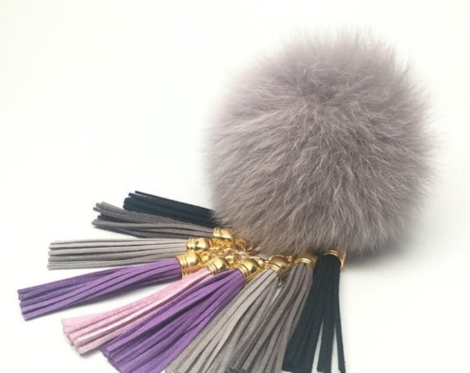 Fox Fur Pom Pom "Grey-Purple Twist" charm ball pompon bag charm tassel keychain with tassel elements charms