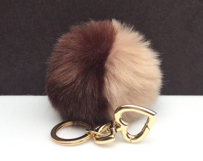 Faux Duo Brown Tan Fur Pom Pom bag Keyring keychain pom pom fake fur ball