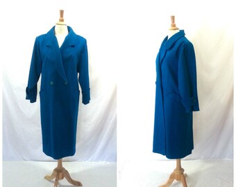 Vintage Double Breasted Wool Coat Large / pleated vintage 70s with pockets teal blue winter coat