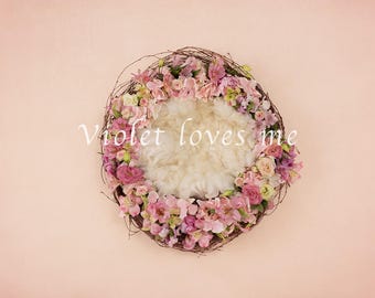 Newborn digital background. Cream / white fluff in a floral nest.