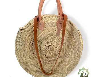 Round wicker basket Double leather handle