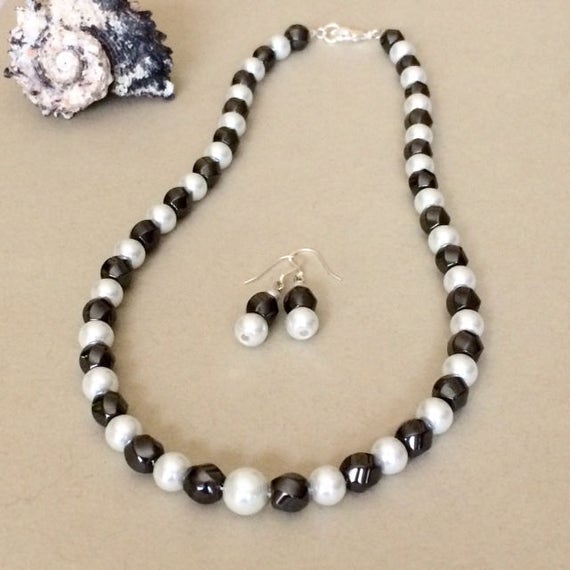 Black White Pearl Necklace Set Black White Necklace Earrings