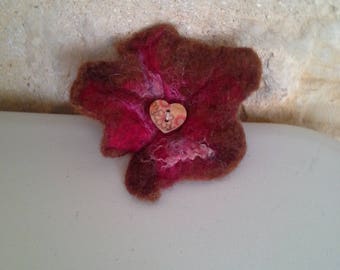 Wet felted flower style brooch in brown and red