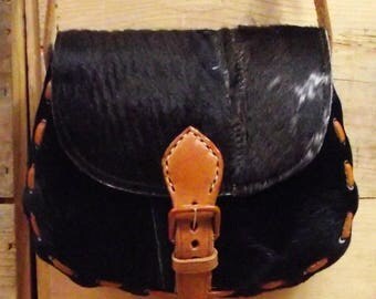 Vintage Pony Hair Leather Shoulder Bag/70's Brown Leather Real Hide Purse/Hippie Glastonbury Festival Hobo Bag/Horse Hair Laced Messenger
