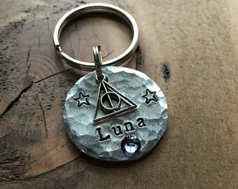 Deathly Hallows Name Tag Pet ID Tag, Dog Tag, Hand Stamped Pet Tag