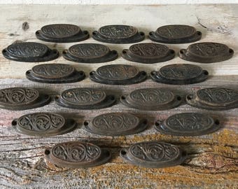 Antique Iron Drawer Pulls, Cast Iron Knobs, Architectural Salvage, 1876 (lot of 19)