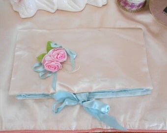 Lovely Pale Blue and White Satin/Rosettes Jewelry Bag