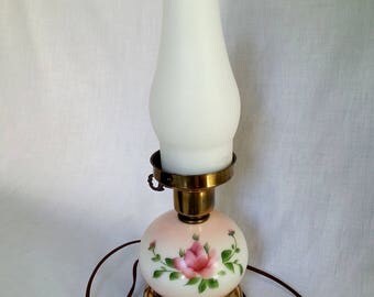 Vintage 3way Electric Small Lamp Parlor Table Desk Hand Painted Rose Pink Glass Lamp w/ Frosted Chimney