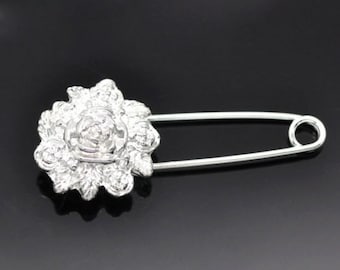 10 Silver Plated Flower Safety Pins Brooches 5.7x2.4cm