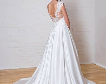 Vintage Atlas Wedding Dress with Lace Corset, Open V cut Lace Transparent Back, Illusion Neckline, Long Skirt, Long Train