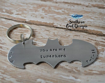 Stamped Batman keychain, batman keychain, personalized batman keychain, father's day gift, stamped metal batman keychain, gift for him,