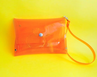 Orange wristlet bag, clear stadium bag, orange minimalist clutch, gift for vegan, gift for NFL fans, clear neon bag,transparent plastic bag