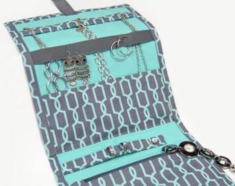 Jewelry Travel Organizer, Jewelry Roll, Jewelry Case in a Aqua, Aqua Green, Aquamarine Trellis Fabric, Bridesmaid Gifts
