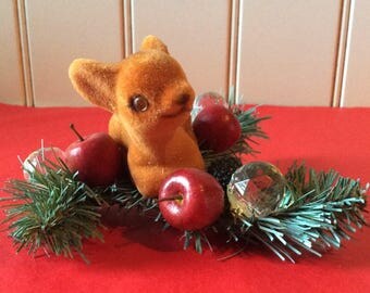 Vintage Flocked Fawn Xmas Decoration/Collectible Xmas Decoration/ Brown Flocked Fawn/Flocked Fawn & Greenery Decoration/Xmas Collectible
