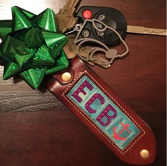 Monogrammed Leather Needlepoint Keychain / Key Fob with Anchor