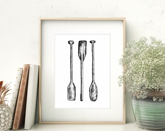 Oar Decor, Boat Oar Art Print, Paddle Print for Cabin, Wooden Oars Poster, Black and White, Oar Illustration, Paddle Poster Digital Download