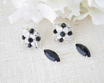 Swarovski black crystal drop earring, Crystal post bridal earring, Black wedding earring