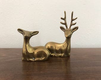Set of 2 Brass Deer - Buck and Doe - Mid-Century Decor