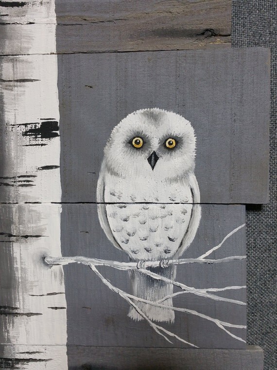 Snowy White owl Owl decor White Birch owl painting