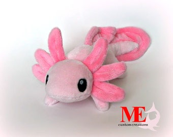 Axolotl Plush Beanie: Custom ColorAlbino Mud Puppy Salamander in Snow, Medium Pink Minky Plushie