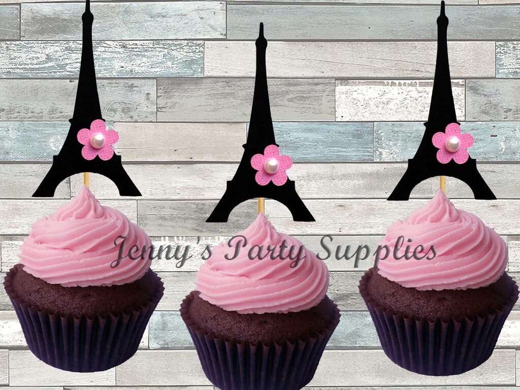 Set of 12 Paris Cupcake Toppers Eiffel Tower Toppers Paris
