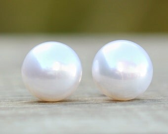 11mm Large Pearl Earrings, Ivory White Pearl Studs, Bridal Earrings, Real Pearl Stud Earrings, Freshwater Pearl Earrings, Wedding Jewelry