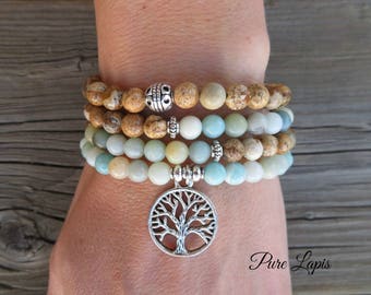 108 Mala beads bracelet, amazonite, Picture Jasper mala necklace tree of life Crystal healing meditation gemstone Mala beads prayer beads