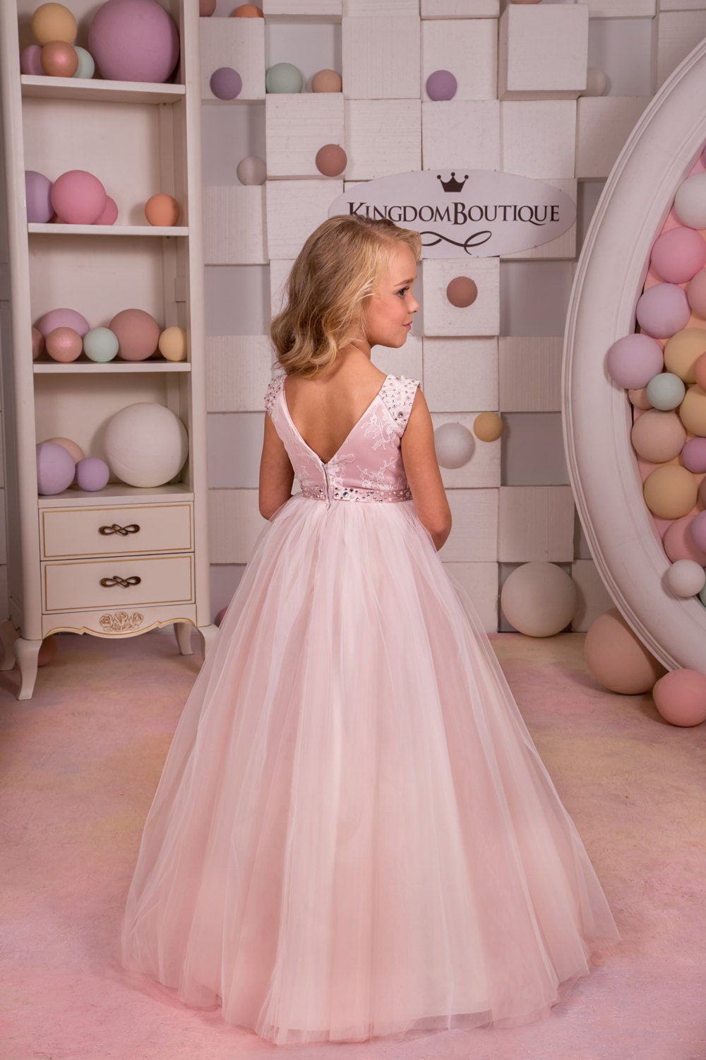 Blush Pink Lace Tulle Flower Girl Dress Wedding Party 8730