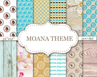 MOANA THEME digital papers Light Blue Digital papers Floral Papers Wood scrapbook papers Moana Digital Paper Instant download 12"x12" #P143