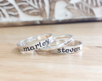 Hand Stamped Ring - Sterling Silver Stacking Rings - Silver Name Rings - Stacking Name Rings - Personalized Ring - Wife Birthday Gift -