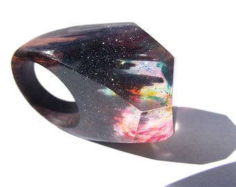 Wooden epoxy ring. kingwood. Womens wooden ring. Multicolored, transparent with sparkles wooden ring