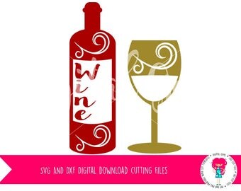 Wine Bottle And Wine Glass SVG Cutting File For Cricut Explore / Silhouette Cameo And PNG Clipart, Digital Download. Commercial Use Ok