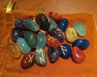 RUNE STONES, Gemstone, Elder Futhark, Mixed Polished Gemstones