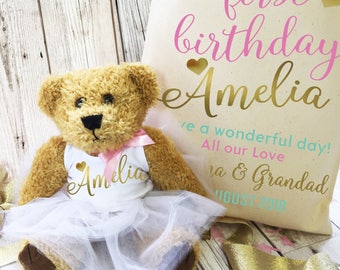 Girl first birthday teddy bear ballerina gift with matching cotton gift bag. Personalised 1st birthday gift keepsake bear in a tutu.