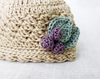Crochet Hat Pattern, Crochet Baby Hat Pattern, Baby Girl Hat Pattern, Baby Girl Hat with Berries and Leaves Applique in Sizes 0 to 24 Mos
