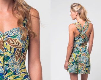 green floral playsuit / floral playsuit with criss cross straps / vtg 80s / s