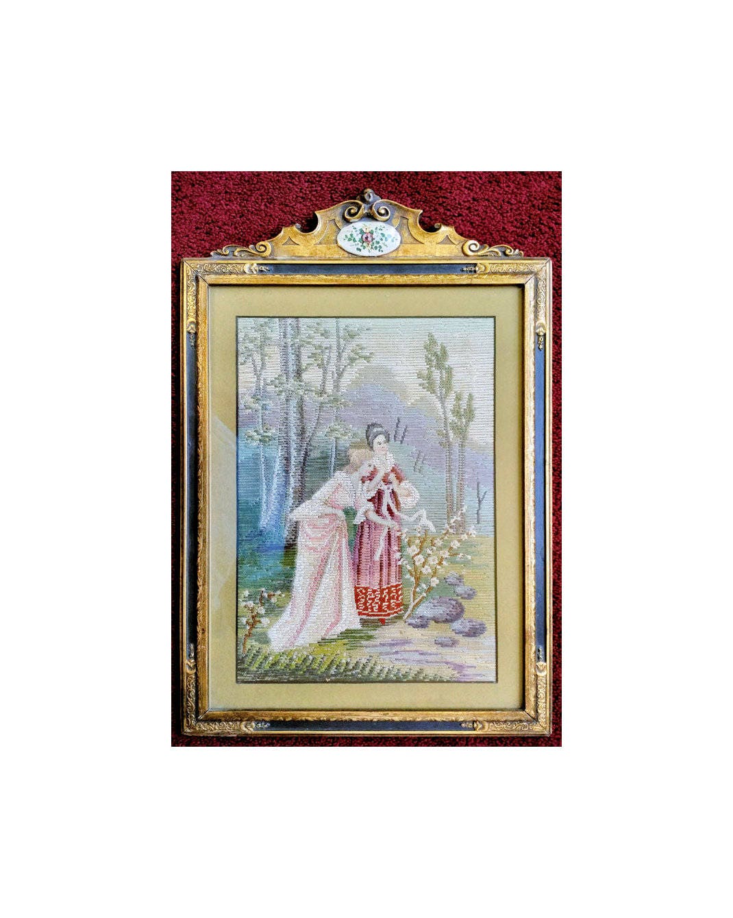 Antique Tapestry Women in Garden in Glided Frame