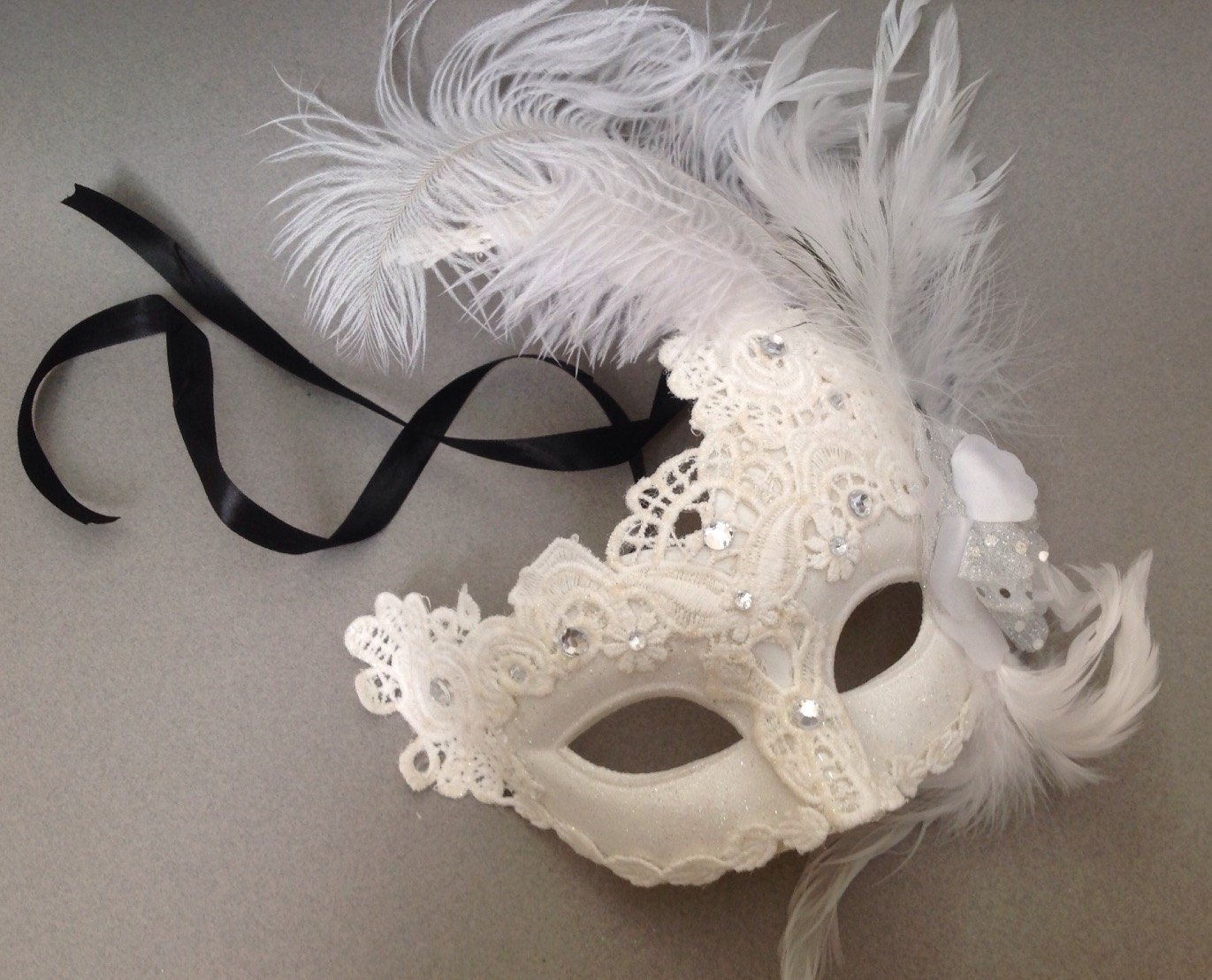 Halloween Masquerade Mask Black Red Lace Feather by Crafty4Party