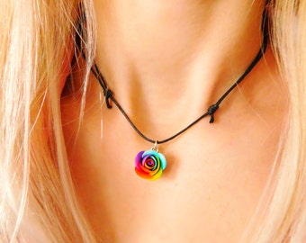 Choker necklace Gift for her Rainbow choker Adjustable choker Black choker Flower jewelry Thin choker Charm choker Fashion choker