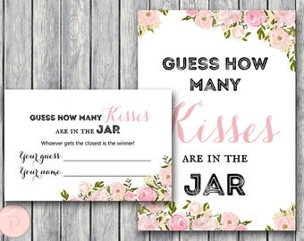 Pink Peonies Guess How Many Kisses, Bridal Shower Games, Rustic Mason Jar, Bridal Shower Guessing Game, Bachelorette, Wedding wd67 TH18
