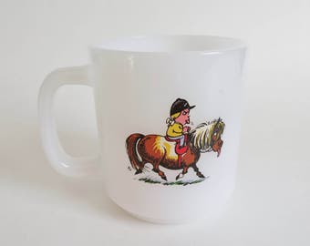 Glasbake Mug, White Milk Glass Mug, Vintage Norman Thelwell Coffee Cup, Thelwell Comic Pony Club Mug, Equestrian Gift, Gift for Horse Lover