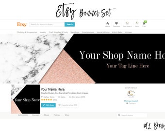 Pre-made Size Etsy Shop Banner & Icon Marble Black Rose Gold Modern Font