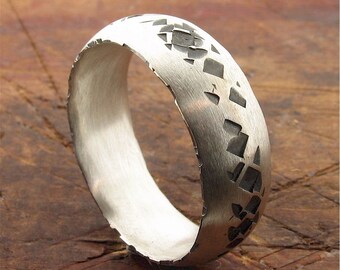 Lakeland Path rustic mens wedding ring in black and white silver 8mm wide band.