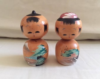 Vintage Pair Adorable Hand Painted Wooden Kokeshi Dolls