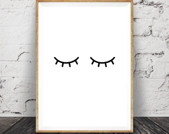 Eyelashes Print, Nursery Wall Art, Children's, Kids Room Decor Poster, Girl's Printable Digital Download, Black and White, Modern Minimalist