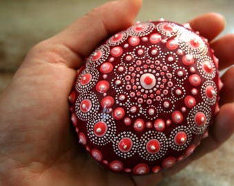 Pink Rose Faberge Egg Stone Mandala, Hand Painted Beach Stone, Decorative Painted Rock, Aboriginal Dot Art Stone, Stone Mantel Decoration