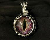 Purple "Galactic Chaos" Hand-Painted Dragon Eye Pendant w/Silver and Black Wire Wrap (with Necklace)