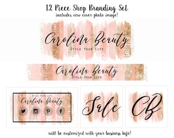 WATERCOLOR BRUSH STROKES Branding Package Cover Photo Premade Etsy Shop Banner Minimalist Logo Business Card Peach & Rose Gold Paint Strokes
